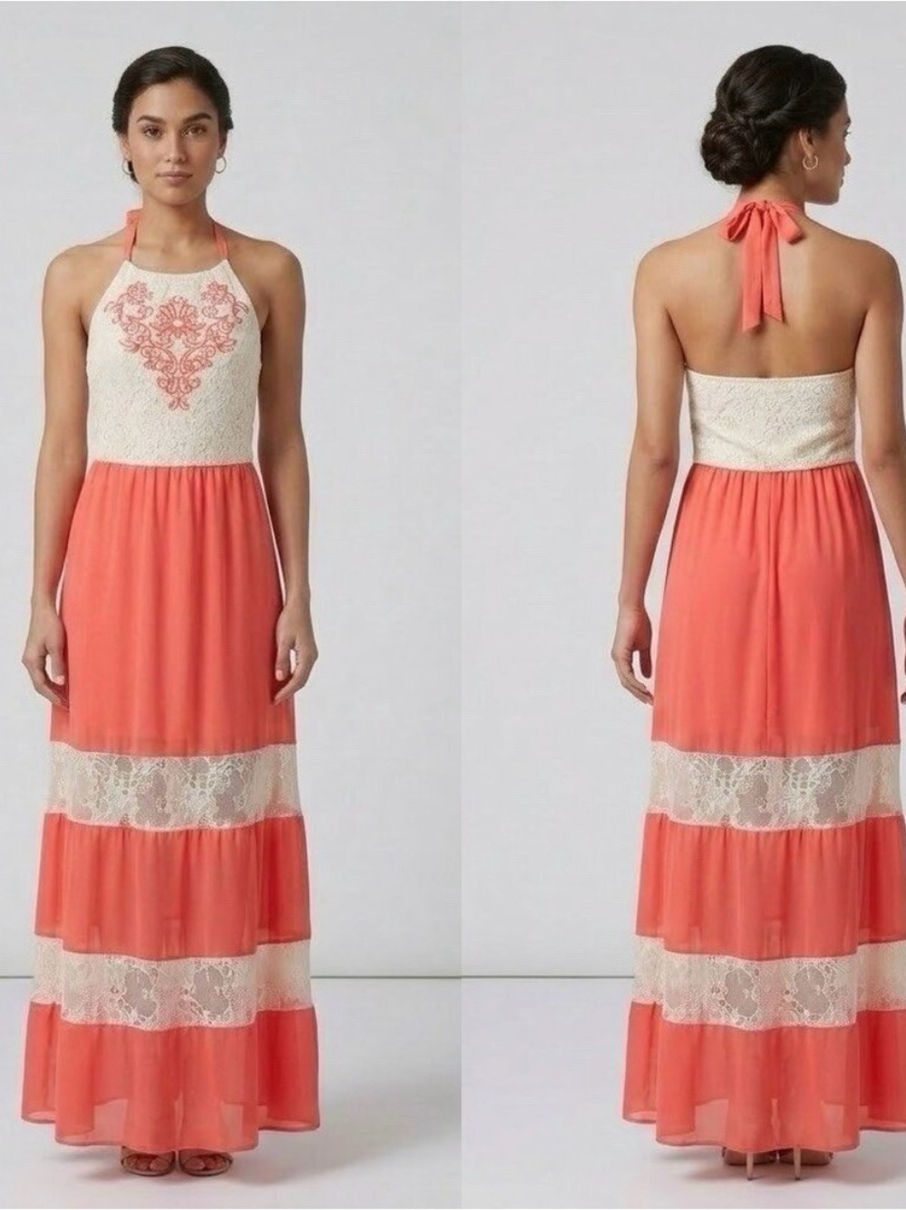 NEW Anthropologie FLYING TOMATO Lace Halter Maxi Dress SMALL Coral embroidered